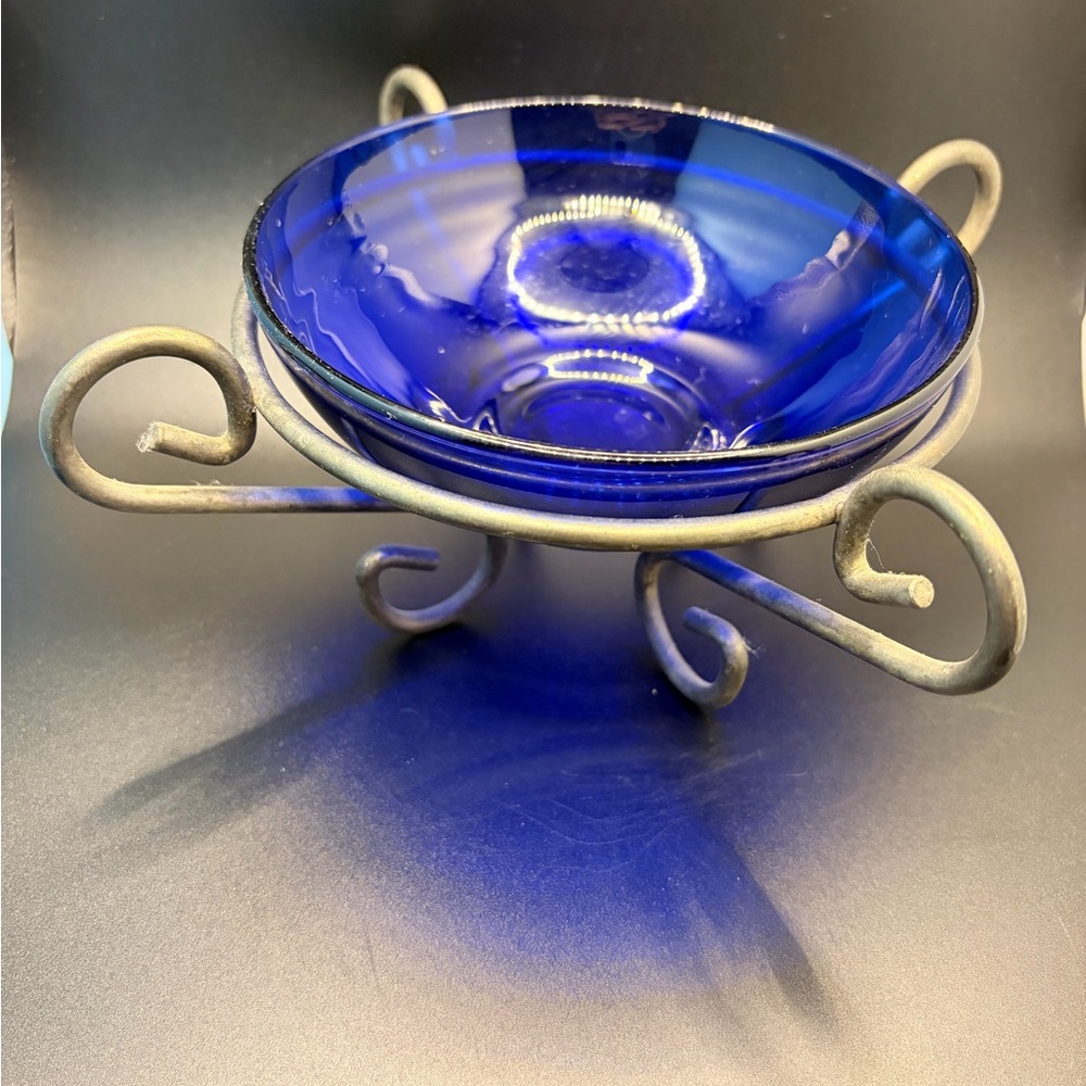 Stanley Blue Glass Bowl with Metal Stand